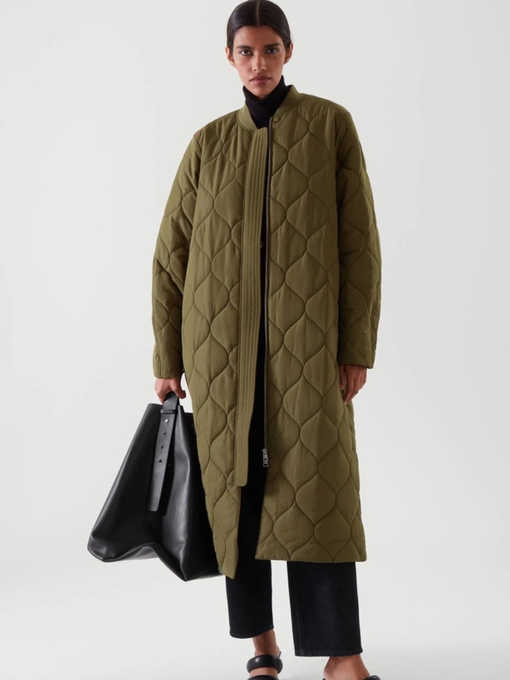 COS Longline Quilted coat in olive green sz M EUC